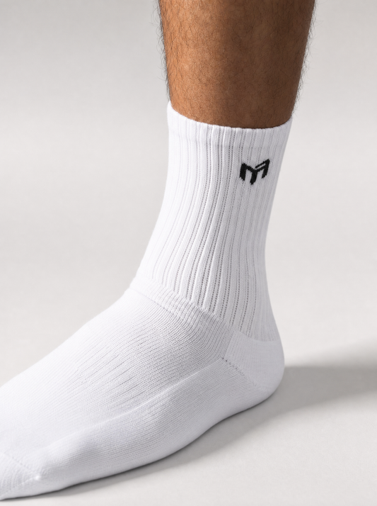 Myticos socks - white ribbed crew sock with M logo - studio side