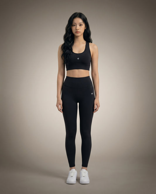 Myticos black sports bra and leggings front view