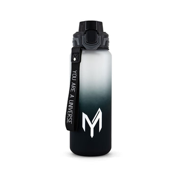 Myticos Galaxy Series water bottle in gradient gray and black with “You Are A Universe” strap and flip-top lid.