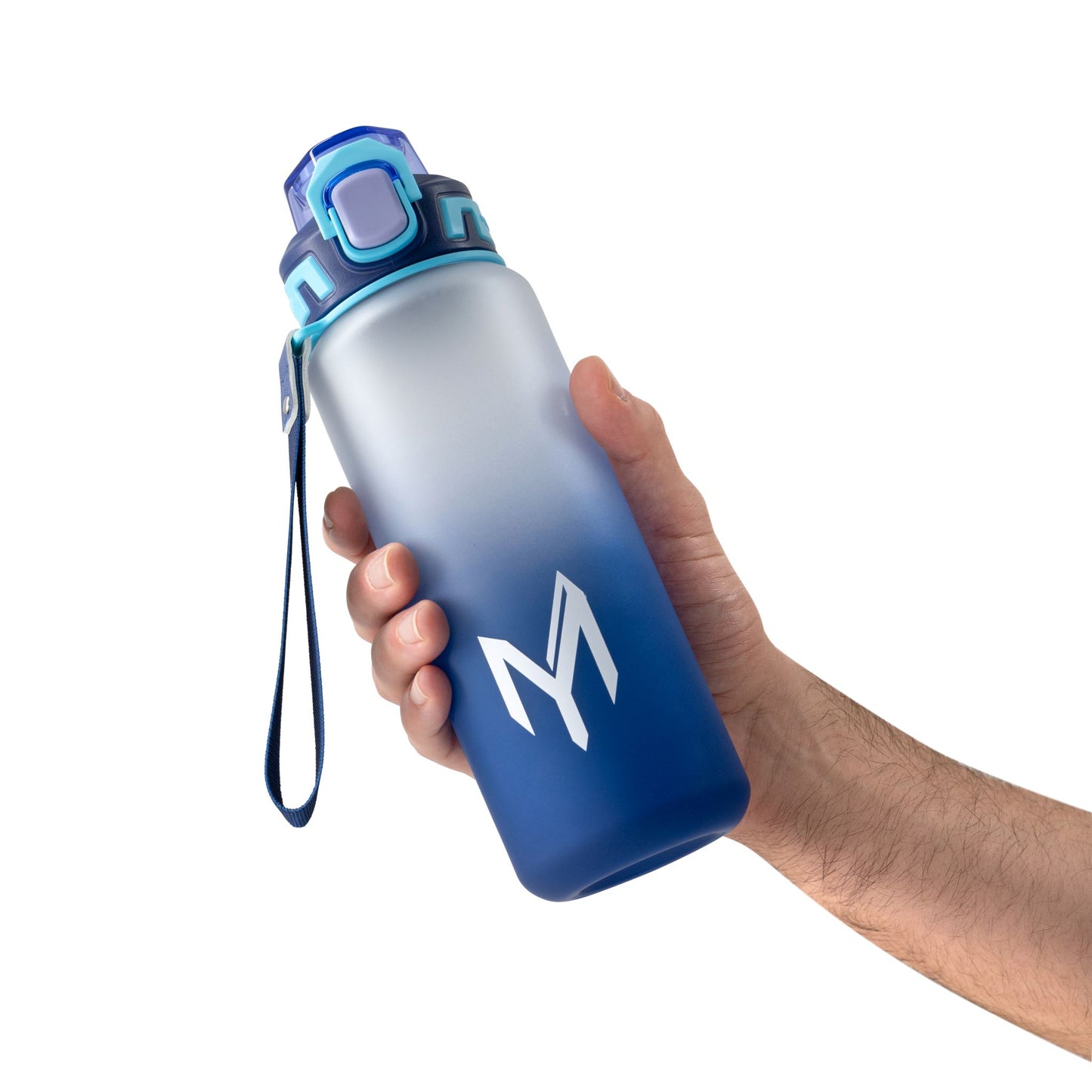 Hand holding Myticos water bottle with gradient gray and blue color, featuring the “M” logo.