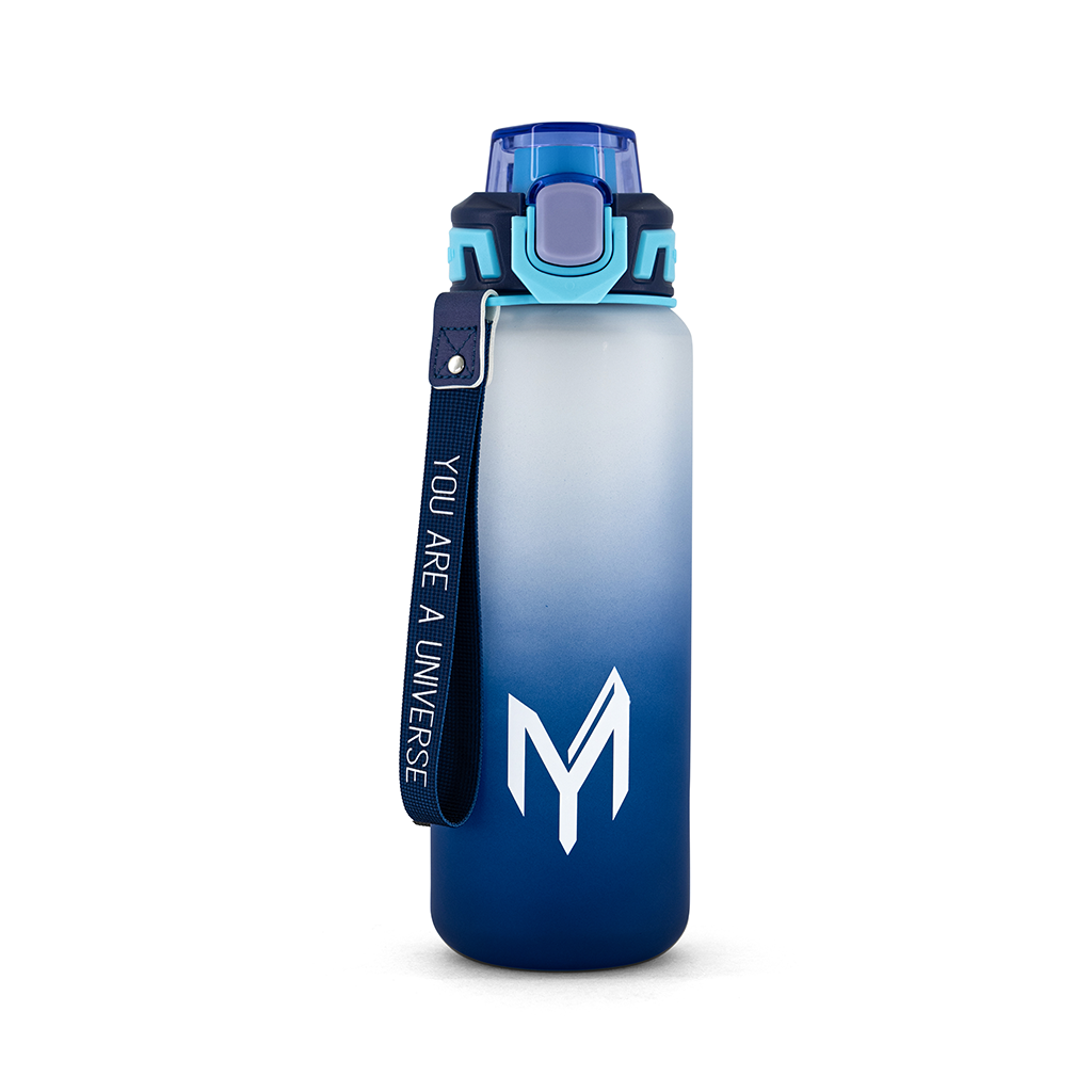 Myticos Galaxy Series water bottle in gradient white and blue with “You Are A Universe” strap and flip-top lid.