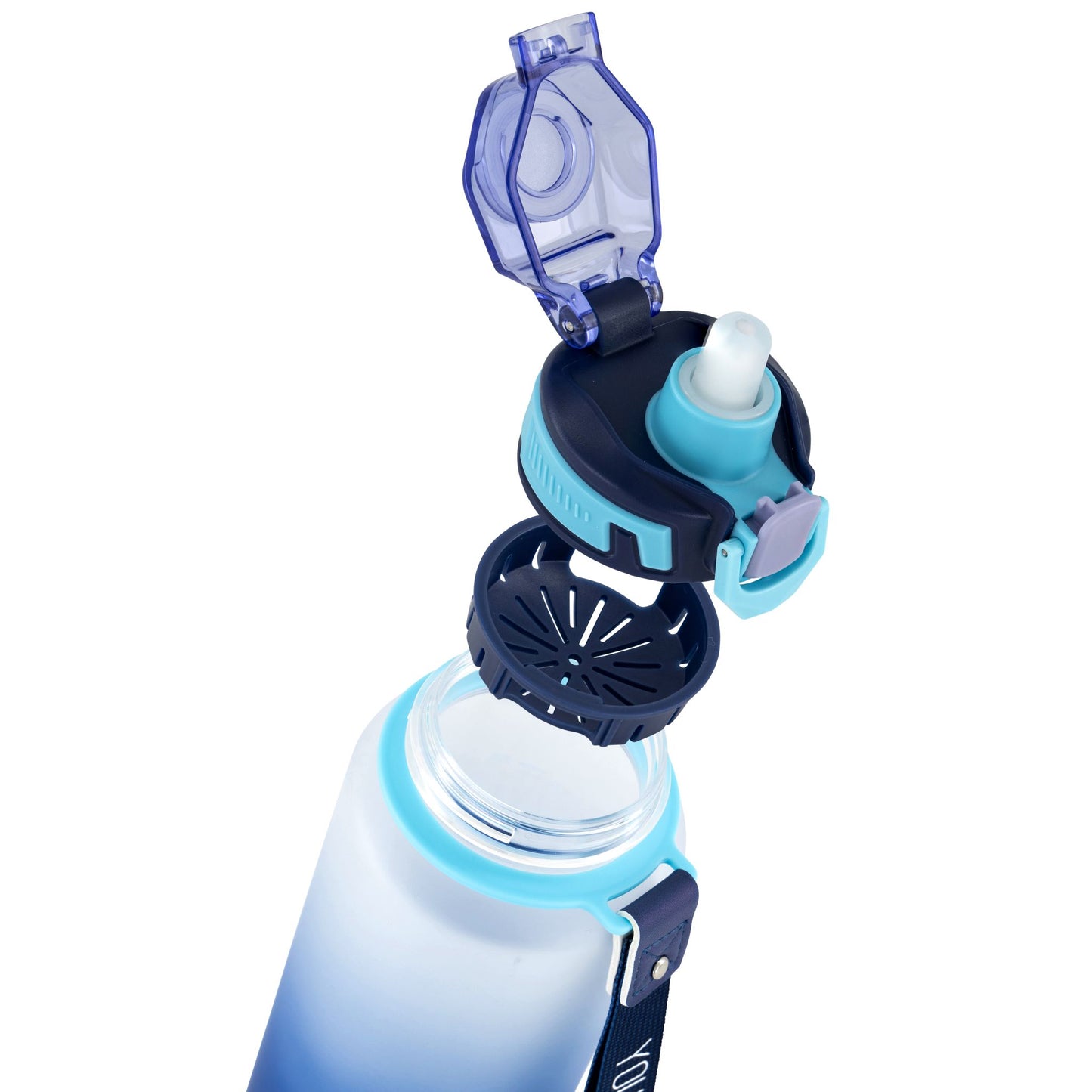 Close-up view of the Myticos Galaxy Series blue water bottle showing the open flip-top lid, silicone straw, and removable filter insert.