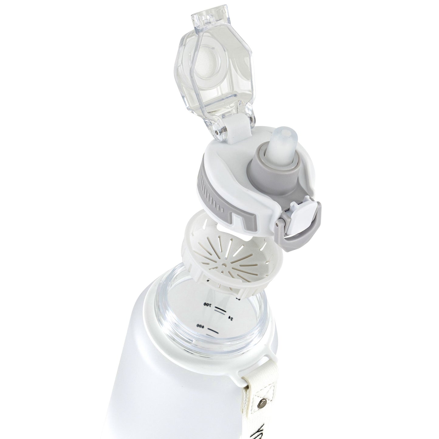 Close-up view of the Myticos Galaxy Series white water bottle showing the open flip-top lid, silicone straw, and removable filter insert.