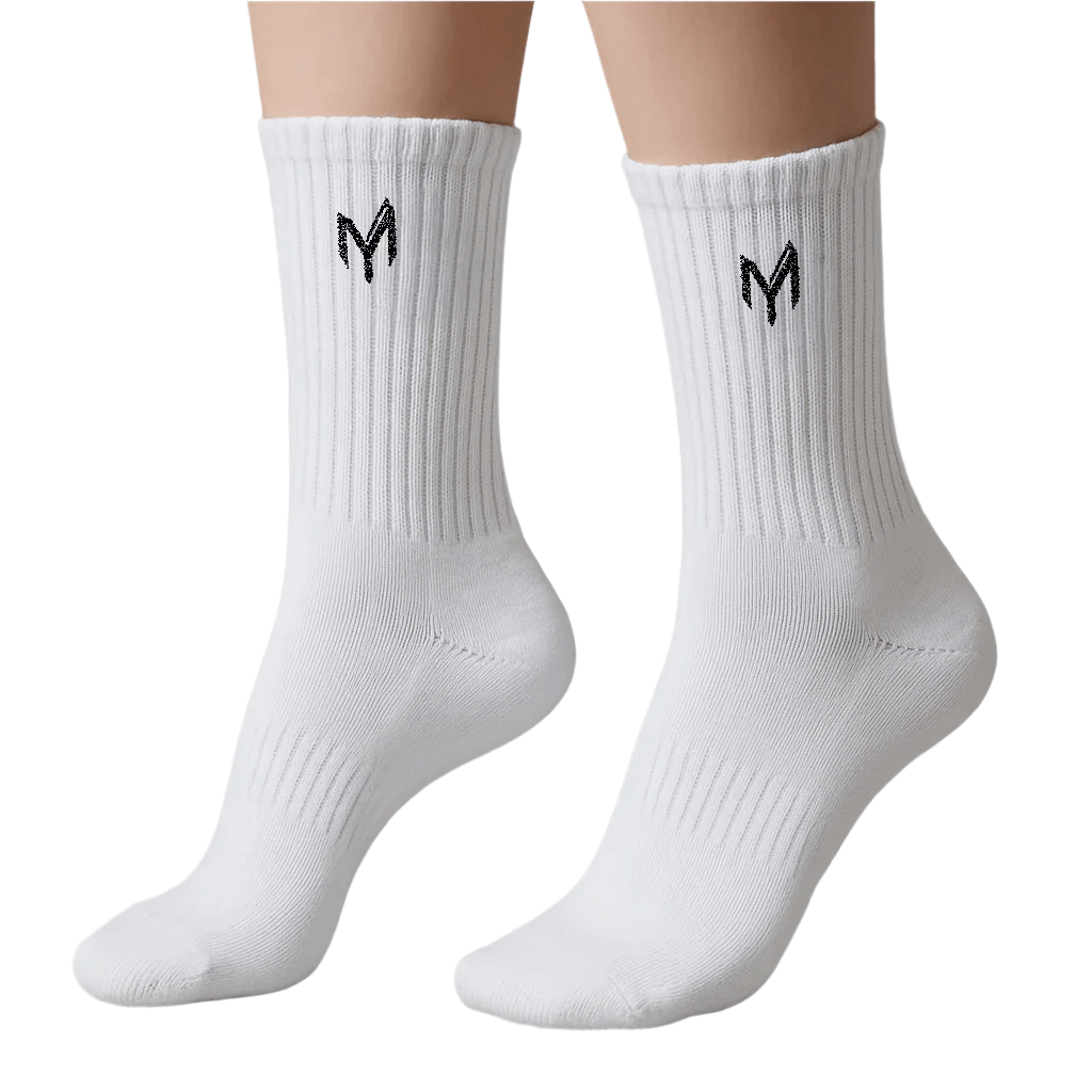 Pair of white unisex Myticos socks featuring a black embroidered M logo, made from a soft cotton blend for all-day comfort and stretch.