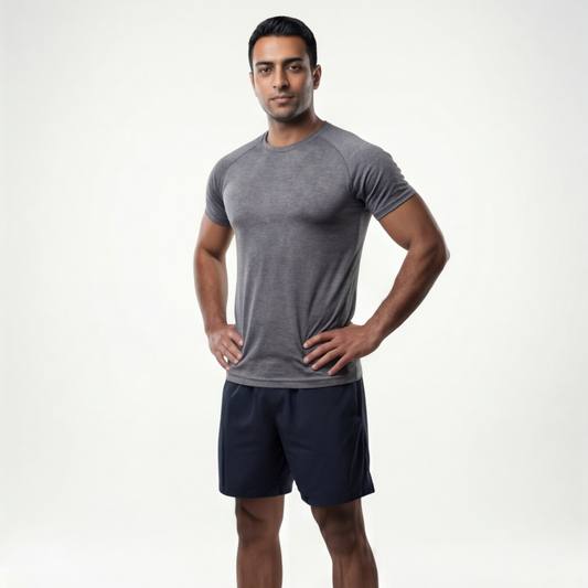 Man wearing a gray athletic shirt and navy shorts on a white background