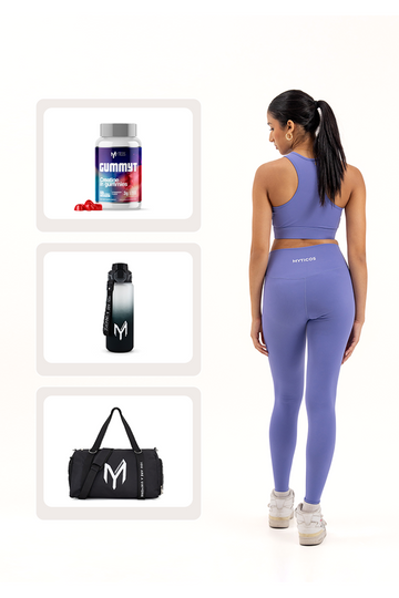 Complete Myticos Ultimate Gym Starter Kit featuring a woman in purple sportswear alongside creatine gummies, water bottle, and gym bag.
