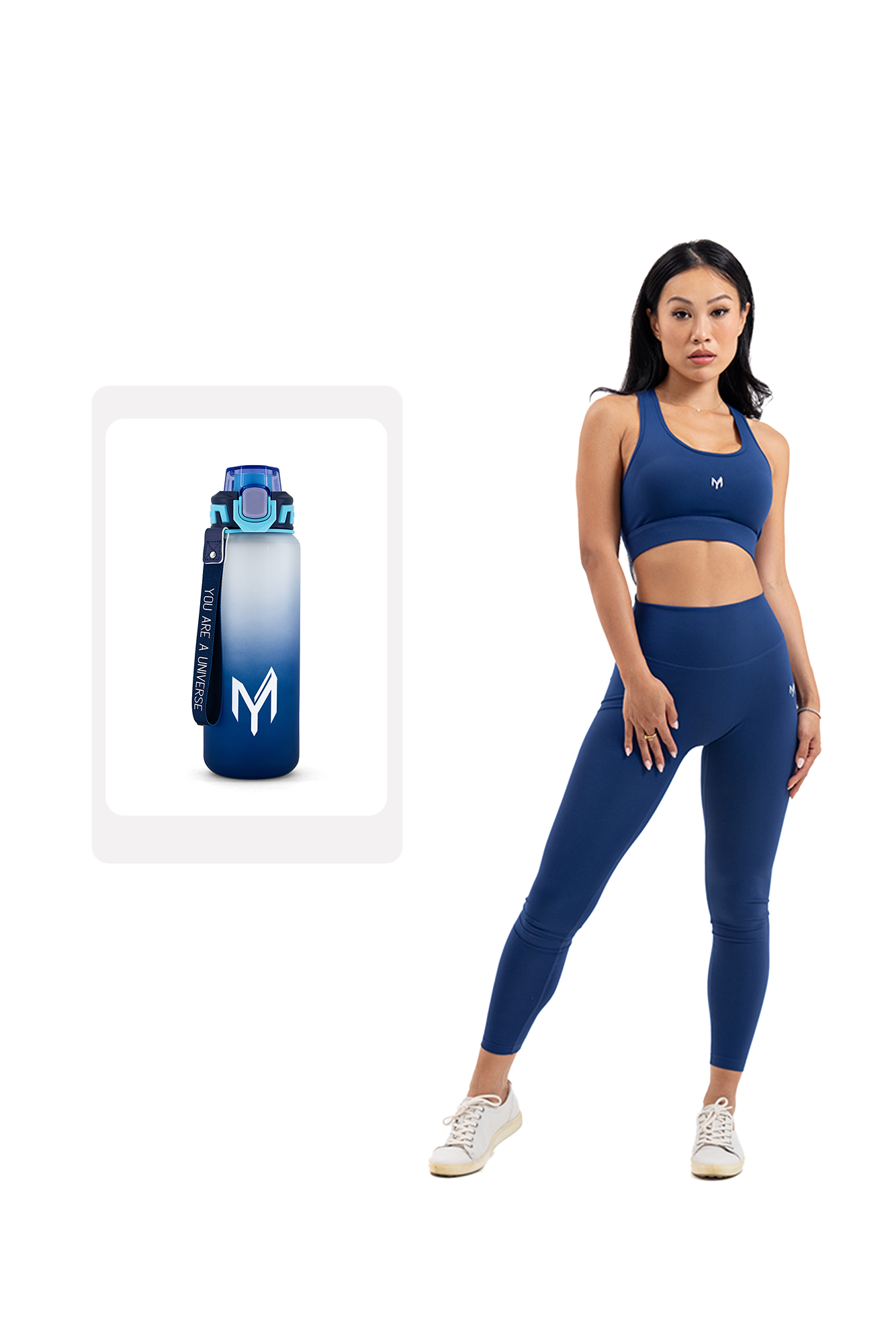 Fitness Essentials Bundle featuring a woman in blue Myticos activewear next to a matching water bottle.
