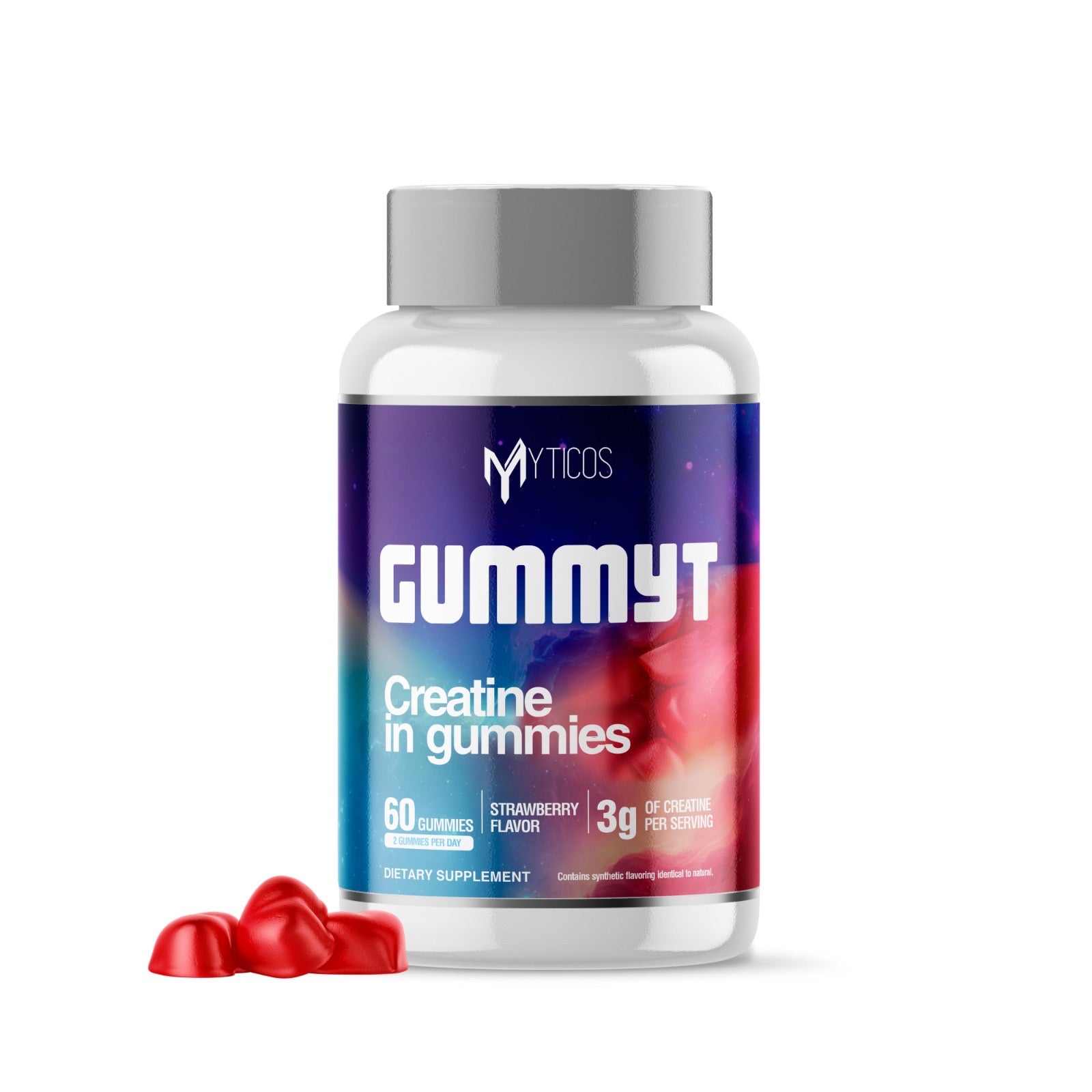 Gummyt Creatine Gummies by Myticos in a white bottle with red strawberry-flavored gummies in front.
