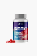  Gummyt Creatine Gummies by Myticos in a white bottle with red strawberry-flavored gummies in front.
