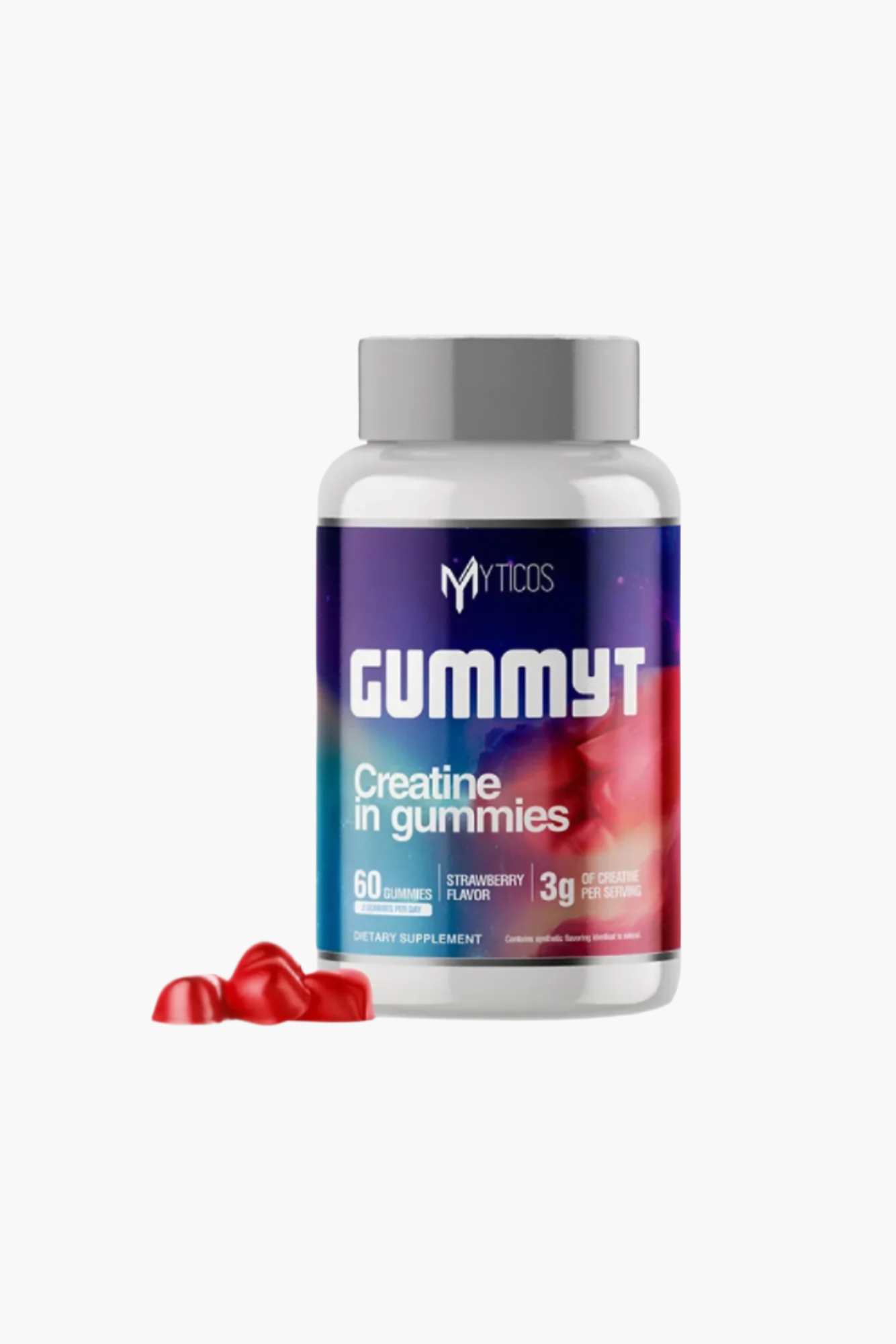  Gummyt Creatine Gummies by Myticos in a white bottle with red strawberry-flavored gummies in front.