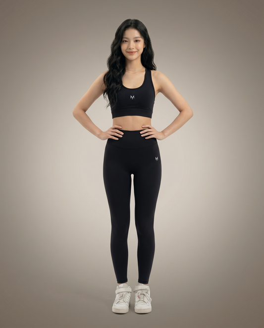 Myticos black leggings and sports bra front