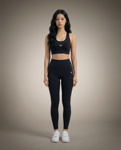Myticos black sports bra and leggings front view