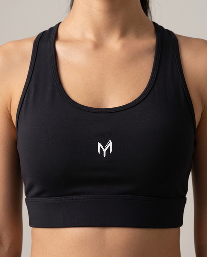 Myticos sports bra preto - detalhe do logo estampado