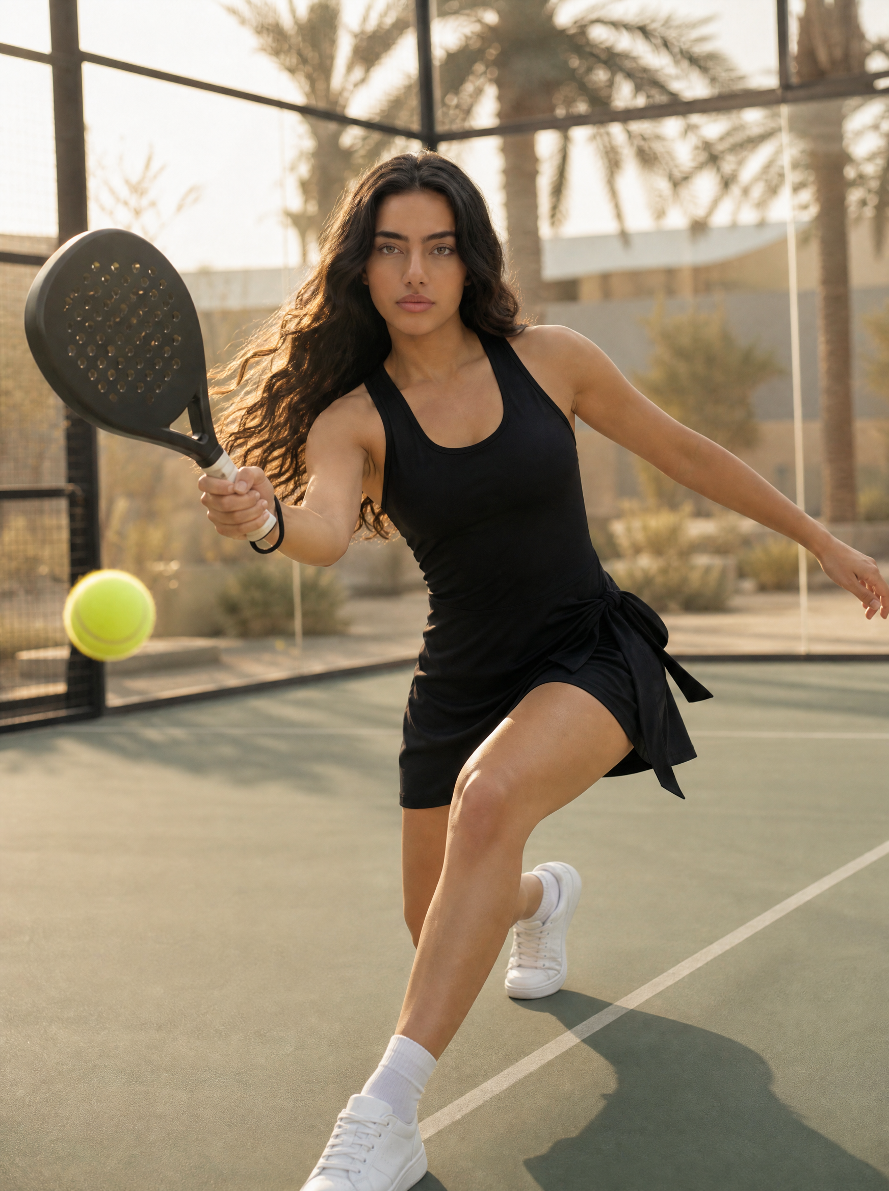 Elite Bow Padel Dress in action, mid-swing on the padel court