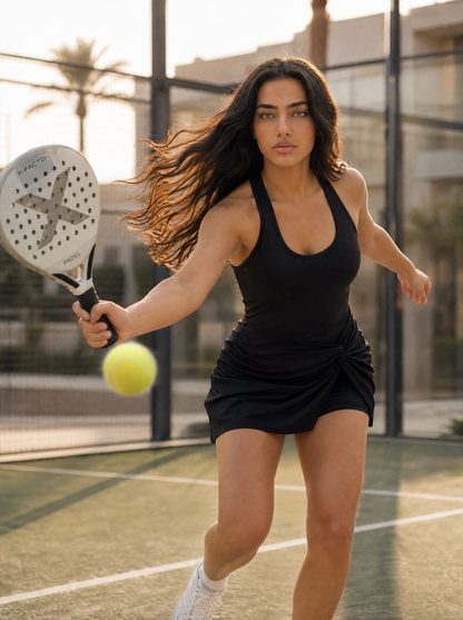 Padel X-Factor Dress in action, mid-swing on the padel court