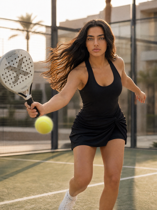 Padel X-Factor Dress in action, mid-swing on the padel court