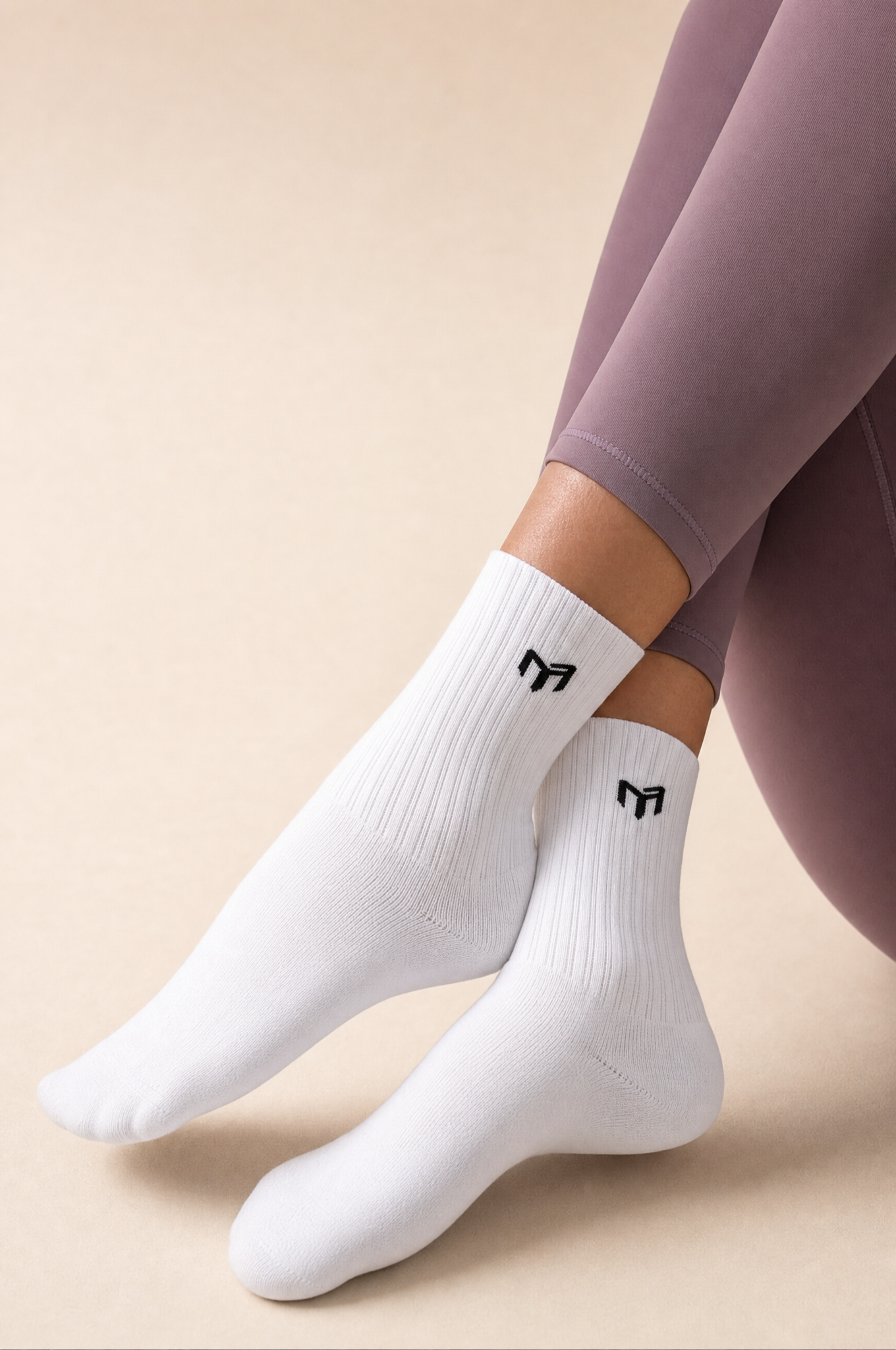 Myticos white crew socks with M logo - lifestyle, worn with leggings