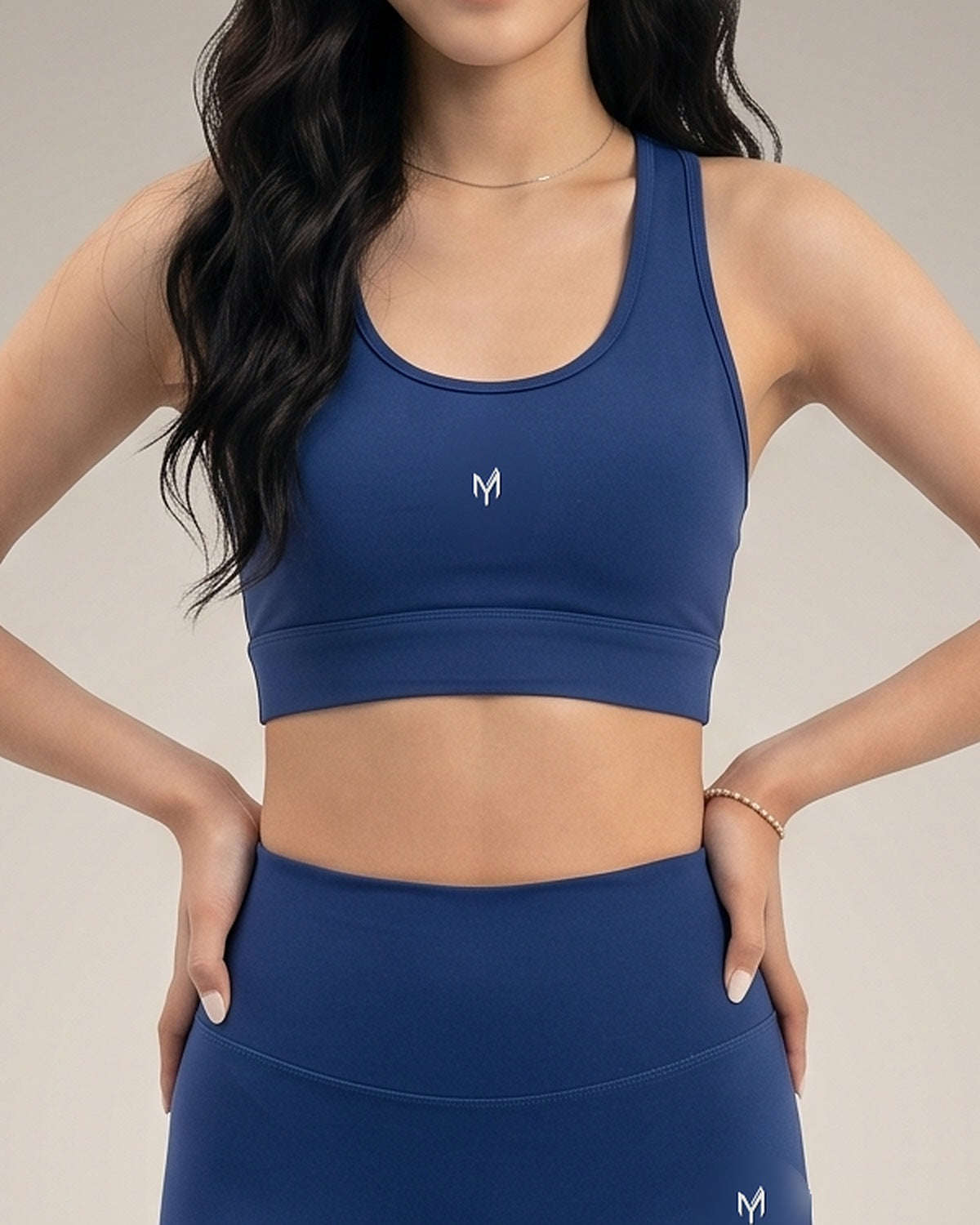 Myticos navy blue sports bra, close-up front