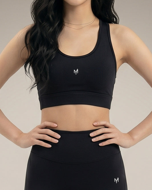Myticos black sports bra, close-up front