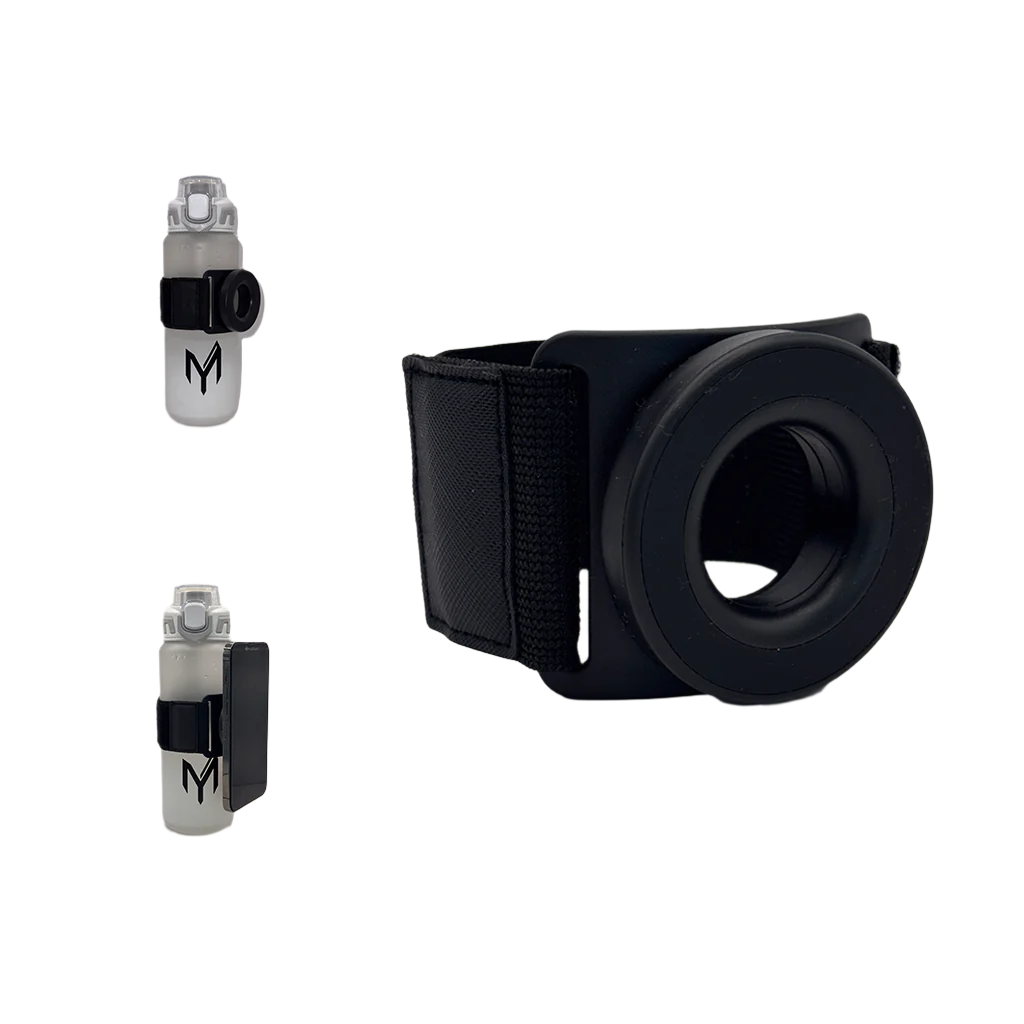 Myticos Magnetic Phone Holder attached to a water bottle with front and side views, demonstrating its multi-use functionality for securing smartphones.