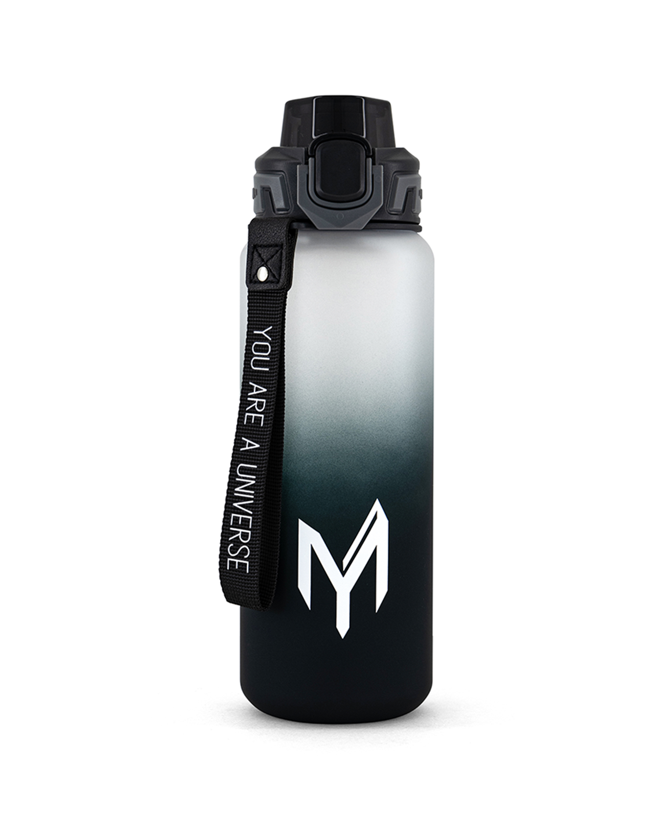 Myticos Galaxy Series water bottle in gradient gray and black with “You Are A Universe” strap and flip-top lid.