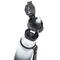 Close-up view of the Myticos Galaxy Series black water bottle showing the open flip-top lid, silicone straw, and removable filter insert.