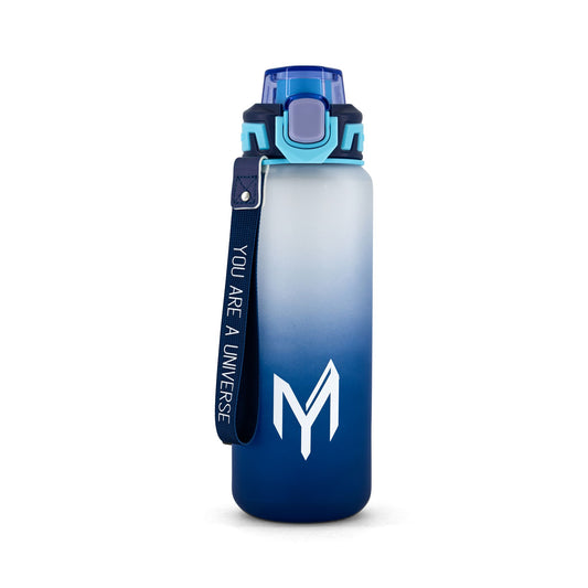 Myticos Galaxy Series water bottle in gradient white and blue with “You Are A Universe” strap and flip-top lid.