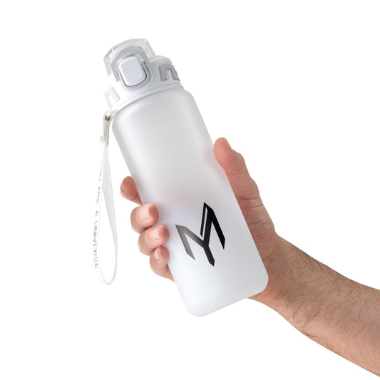Hand holding Myticos water bottle with white color, featuring the “M” logo.