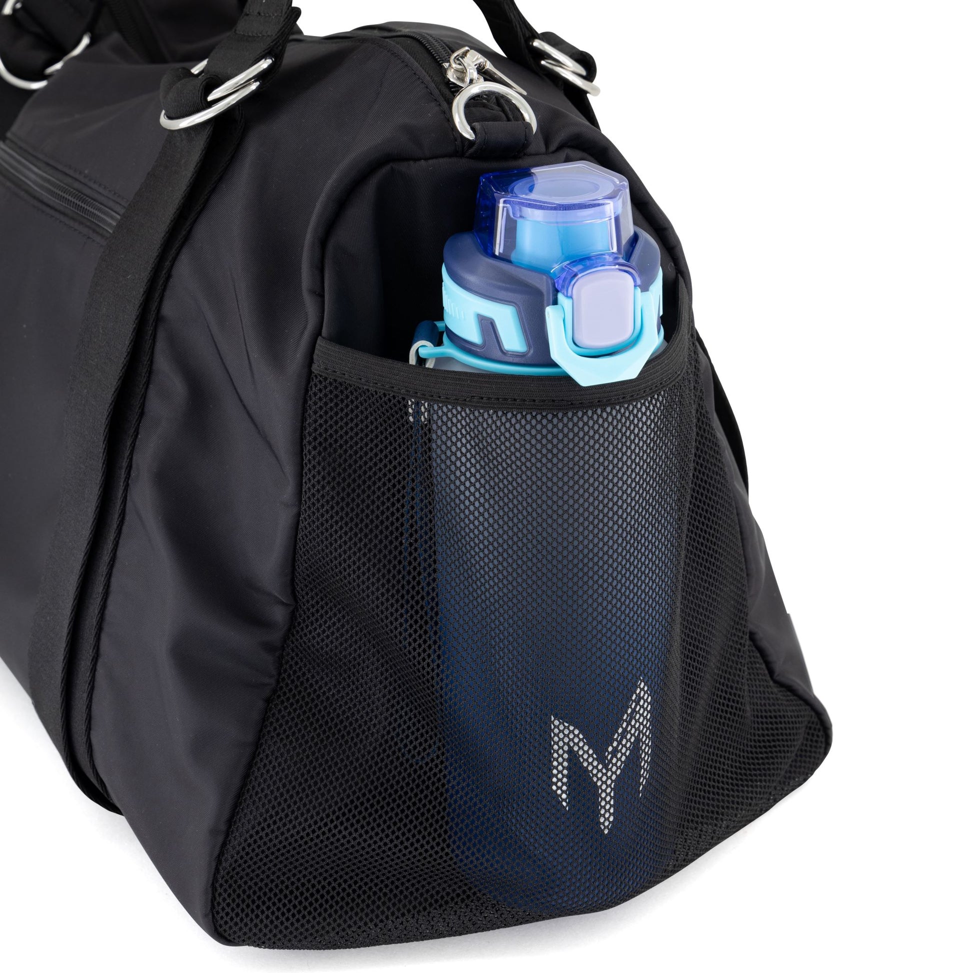 Front view of the black Myticos gym bag with a large M logo, adjustable straps, and durable fabric.