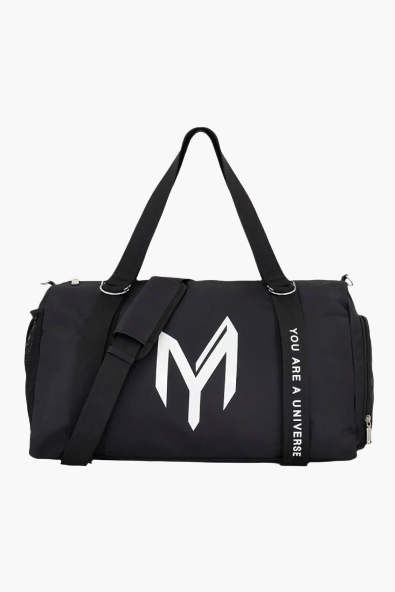 Front view of the black Myticos gym bag with a large M logo, adjustable straps, and durable fabric.