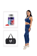 Myticos Performance Power Pack featuring a woman in blue activewear set, Gummyt creatine gummies, and a black Myticos gym bag – a complete fitness bundle for performance and recovery.