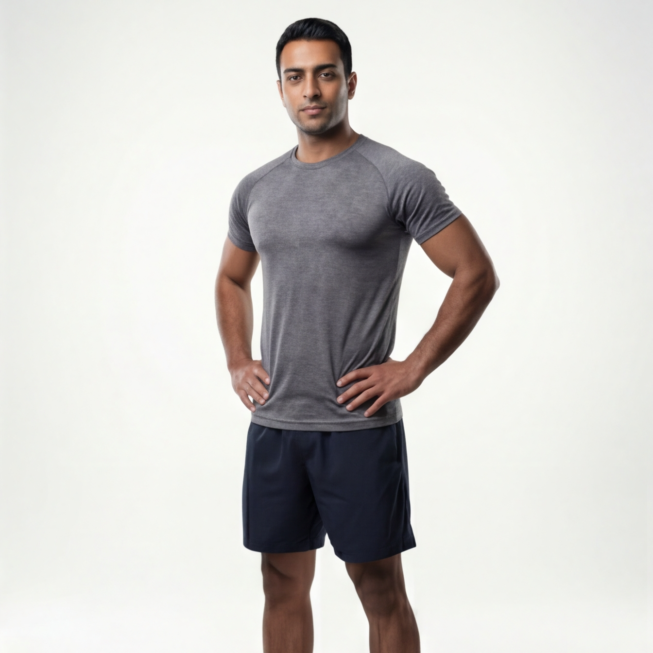 Man wearing a gray athletic shirt and navy shorts on a white background